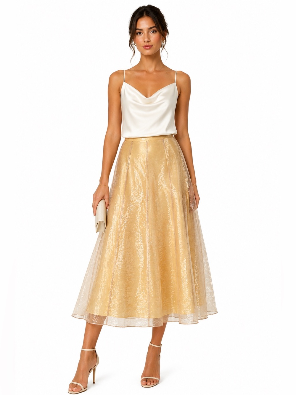 VINCE Silk Blend Organza Overlay Midi Skirt Champagne Yellow Size 8 Quiet Luxury